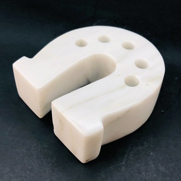 Vintage White Marble Horseshoe Pencil Holder Natural Stone Desktop Organizer - Picture 3 of 12